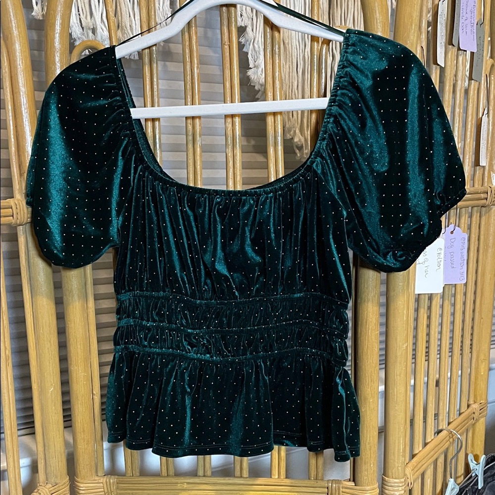 MiAmi Green Velvet Blouse with Puff Sleeves